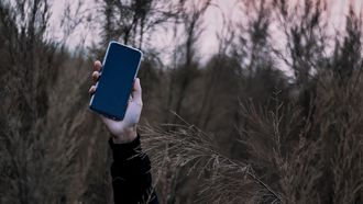 hand met telefoon uit gras omdat persoon probeert te minderen met social media