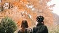 twee vrouwen lopen door park in de herfst