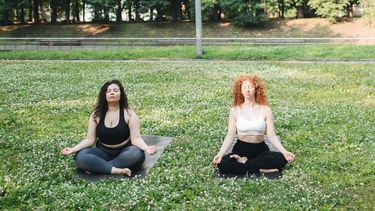 twee vrouwen mediteren in gras